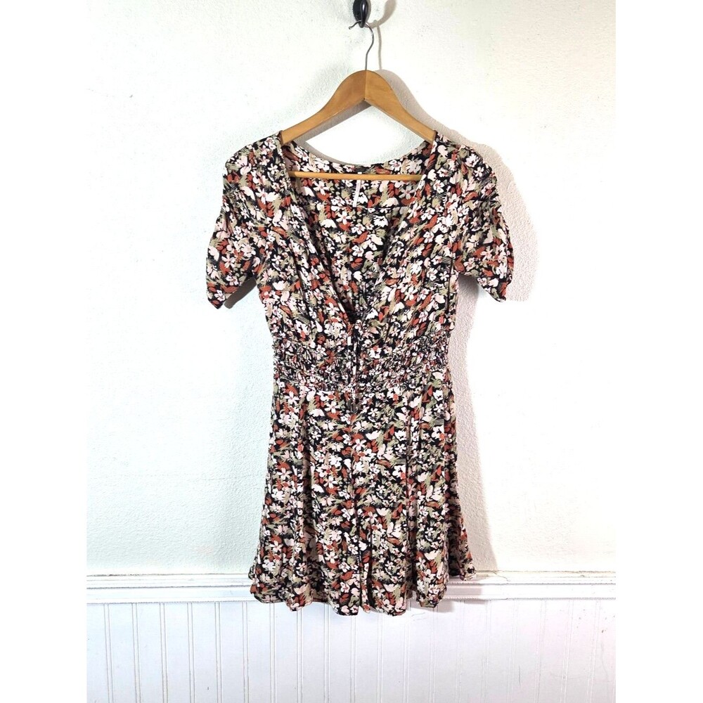 Free People Floral Mini Dress Womens XS Boho Smocked Tie Front Viscose Summer